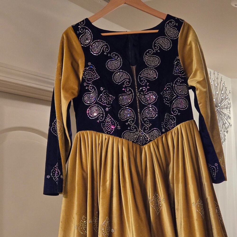 Stoned classy gold/,navy blue  velvet  mid Dress US -M